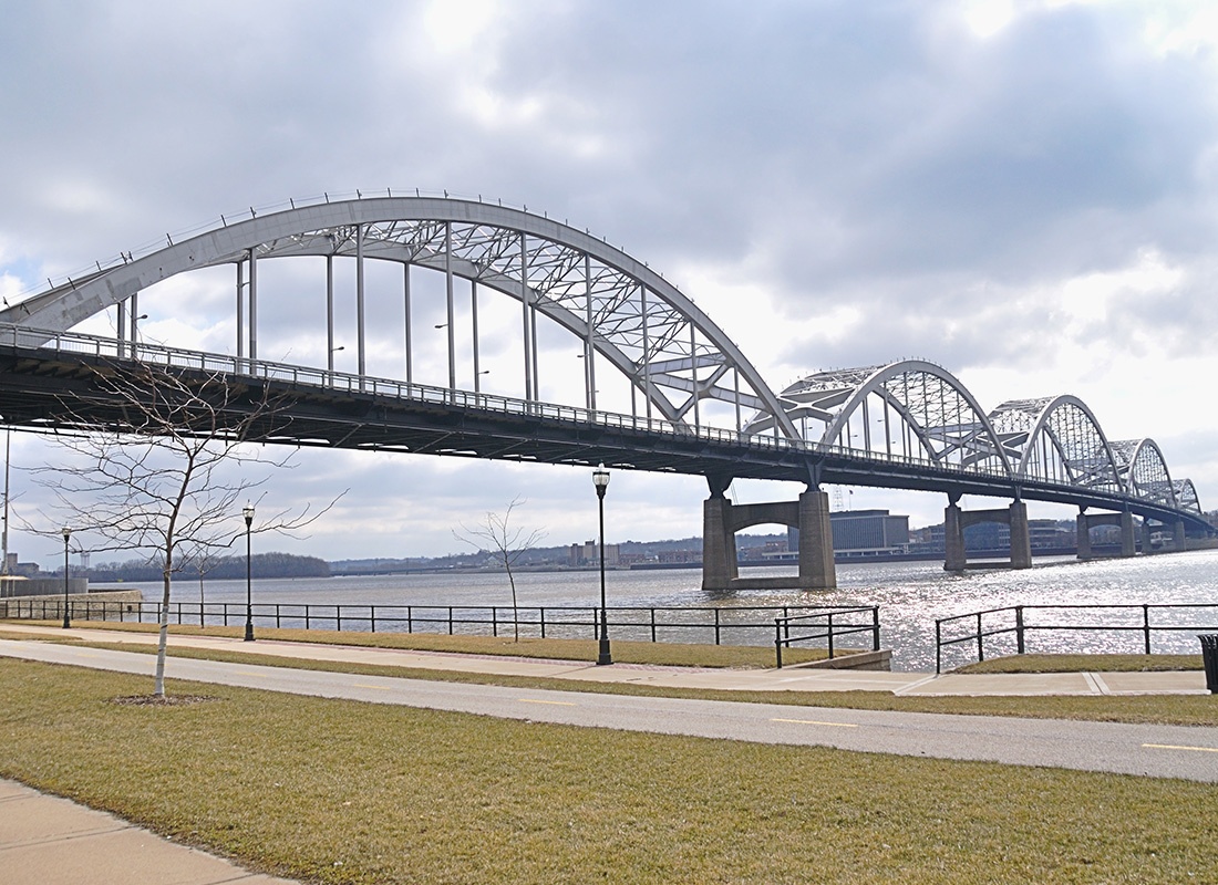 Davenport, IA - Aerial View of Centennial Bridge at Davenport IA on a Cloudy Day