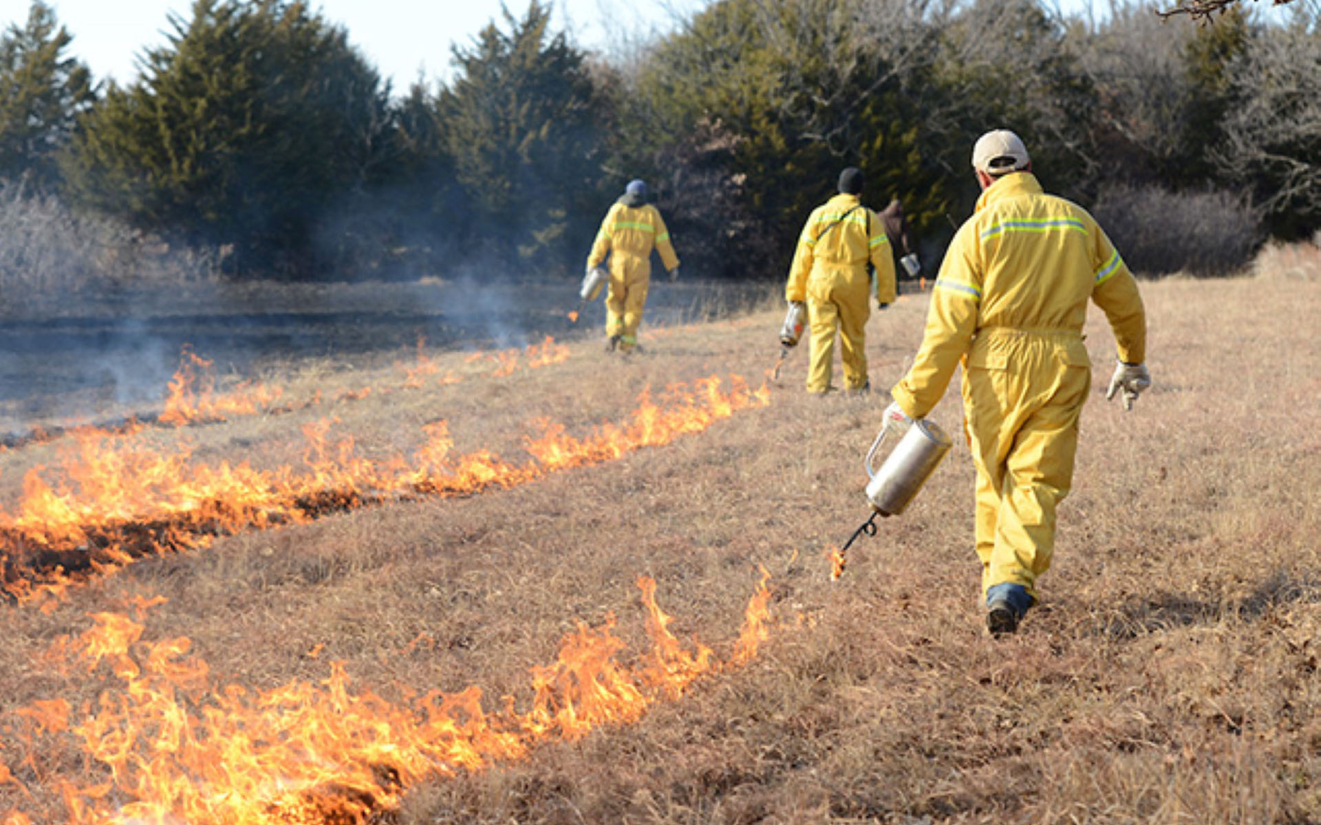 Nationwide Prescribed Fire Liability Landing - View of Three Men Walking Down a Field of Dead Grass Doing a Controlled Fire in the Area