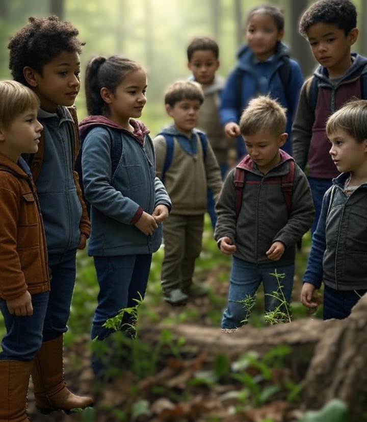 Group of young children exploring a forest during nature school activities, highlighting outdoor education benefits.