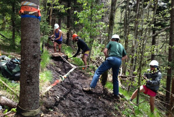 Trail builders operating griphoists and rock bars on a forested path for maintenance