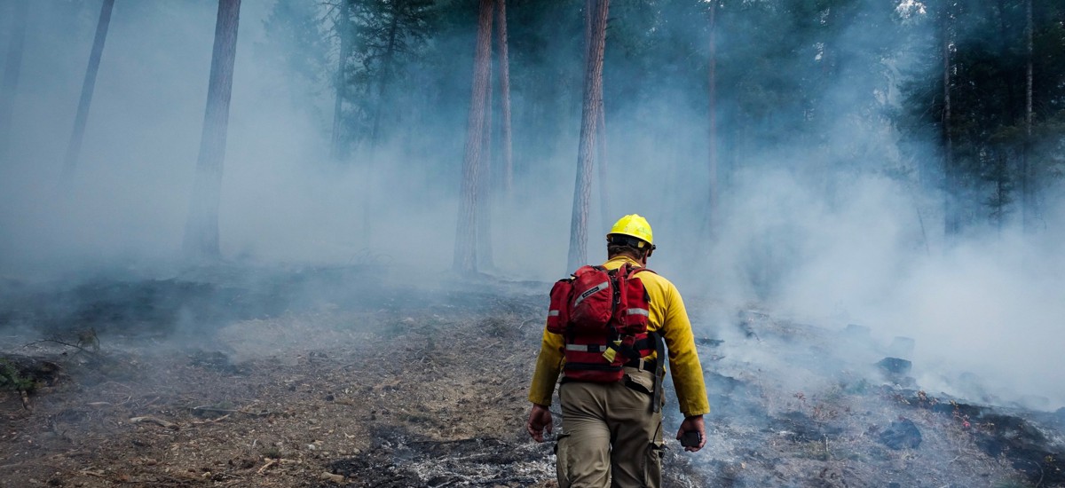 Conservation practitioner overseeing a prescribed burn with safety gear