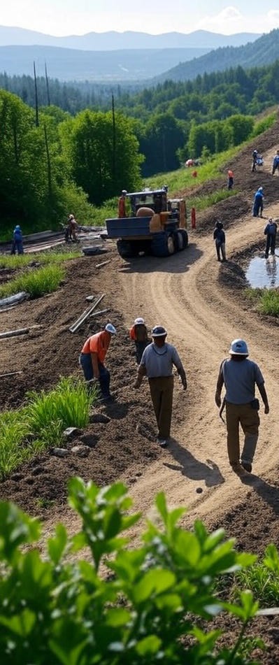 Workers building a sustainable hiking trail in a forested area, secured by Conservation United surety bonds for project completion.