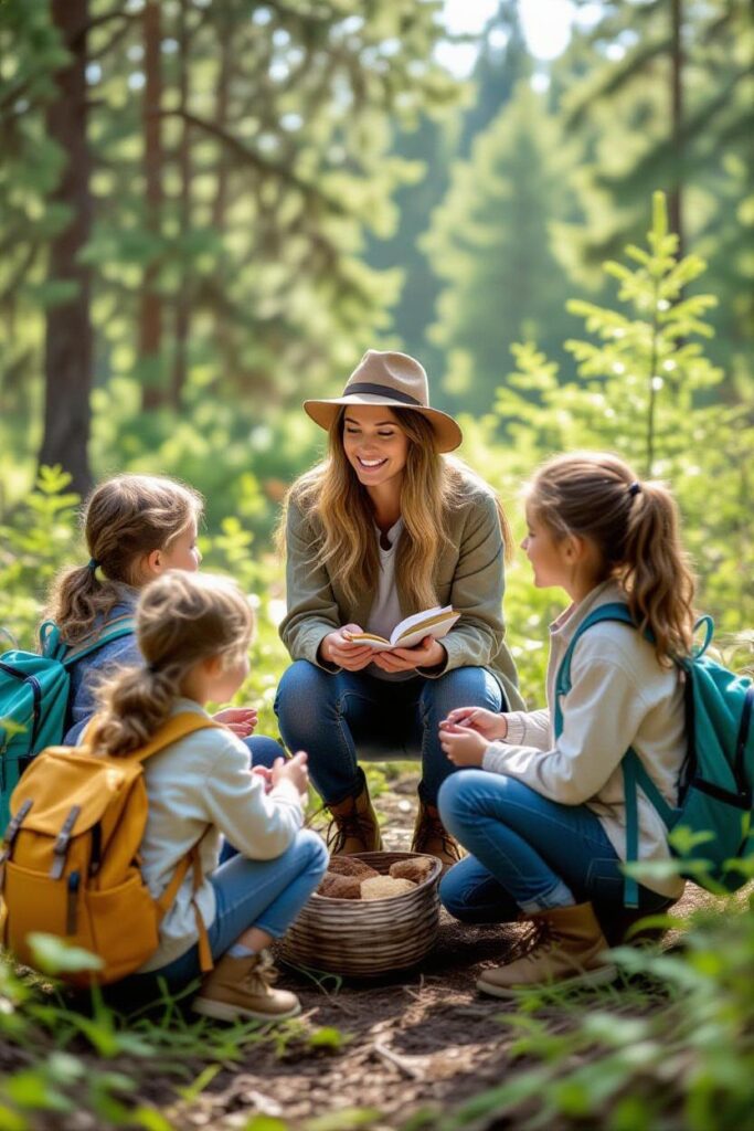 Diverse kids learning in a park during nature school session with Conservation United insurance