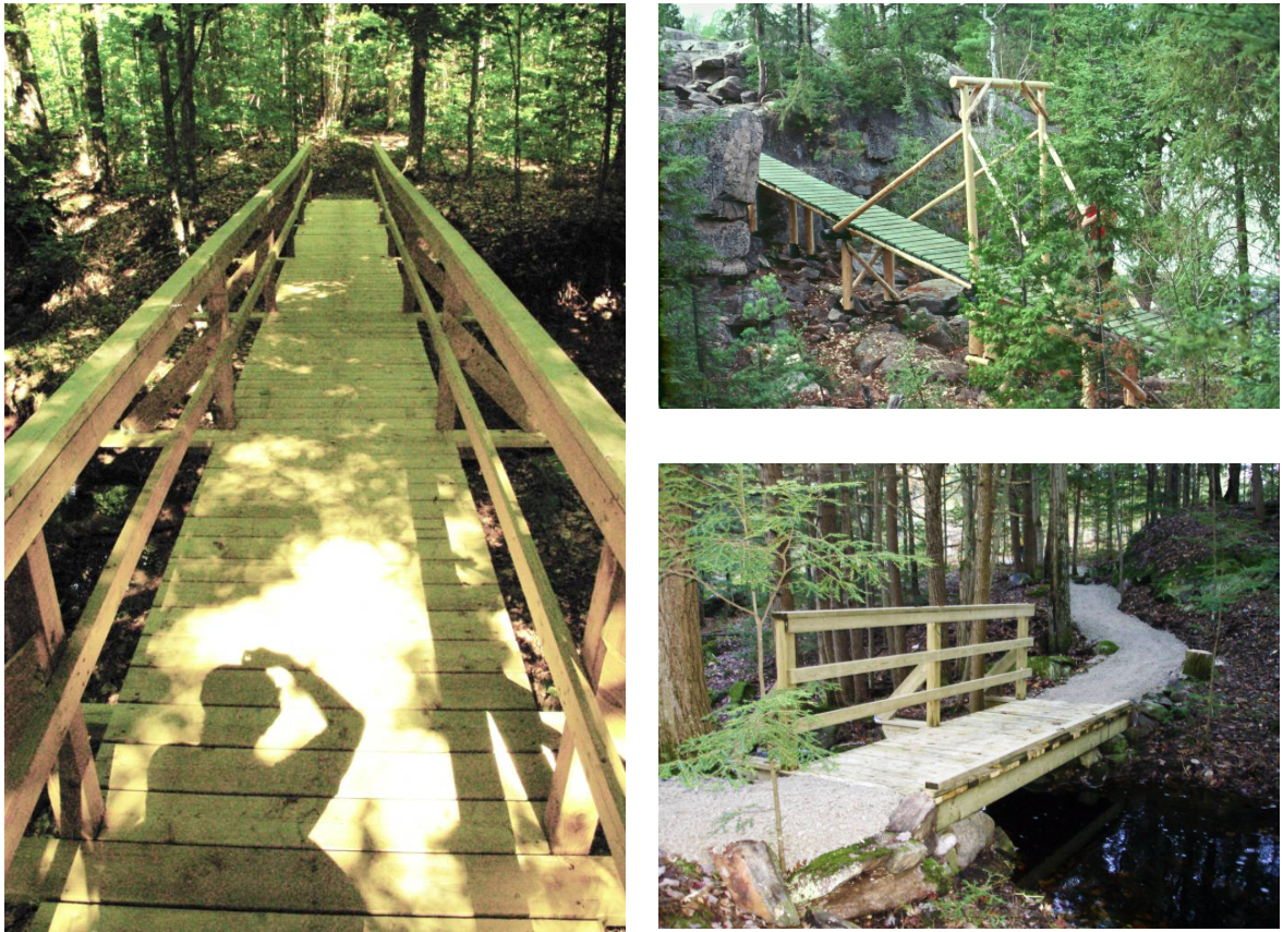 Team constructing a climate-resilient trail bridge with tools and safety measures