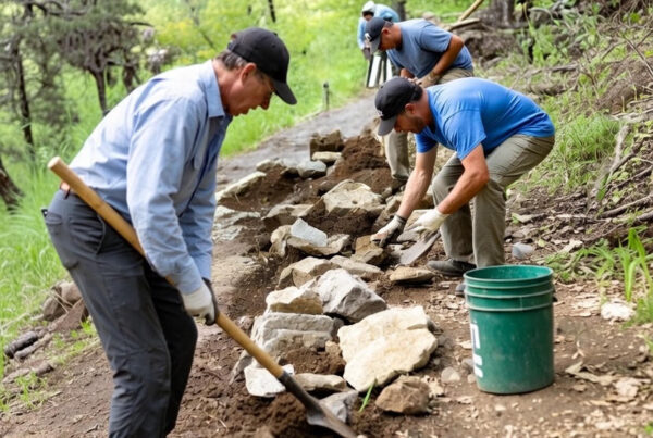 Team restoring a forest trail amid spring scenery