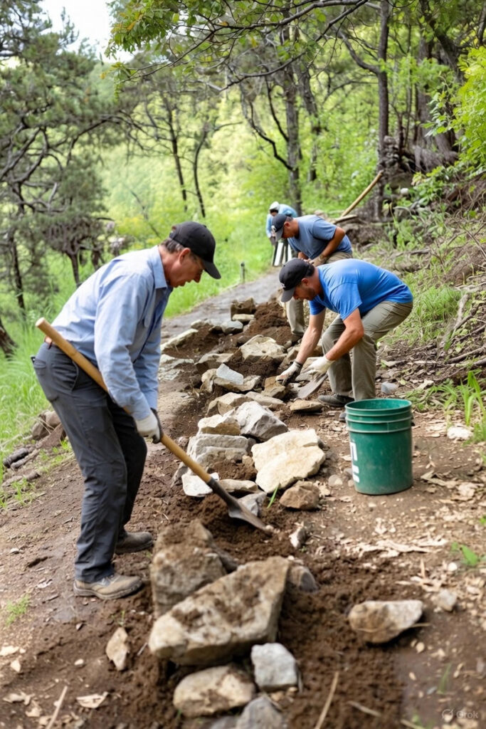 Team restoring a forest trail amid spring scenery