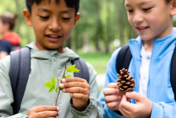 Two children examining nature elements in an outdoor educational environment