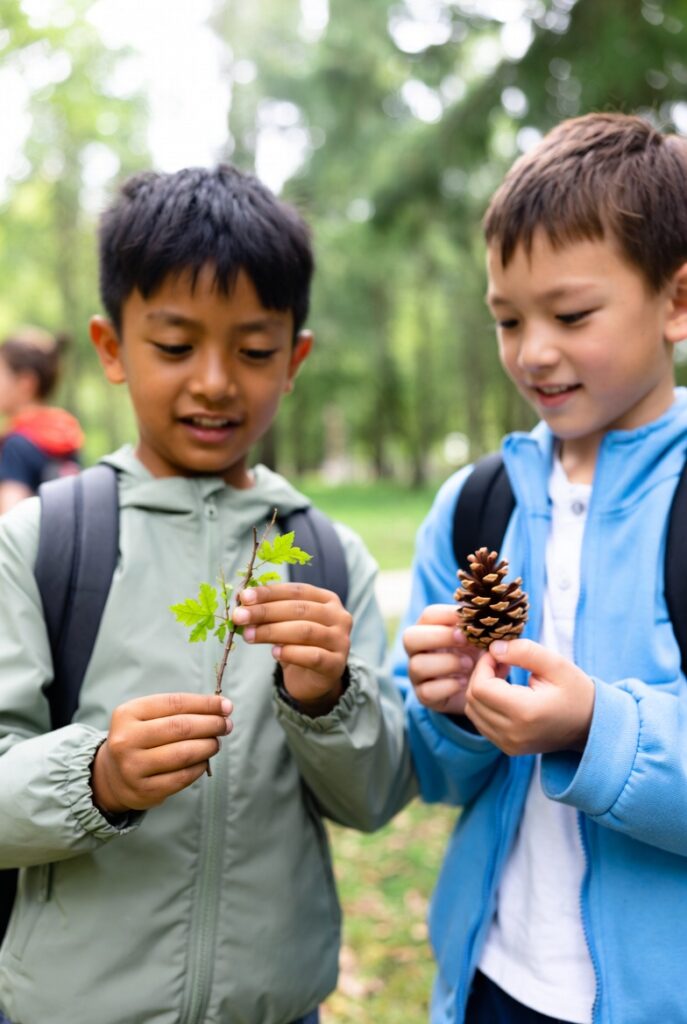 Two children examining nature elements in an outdoor educational environment