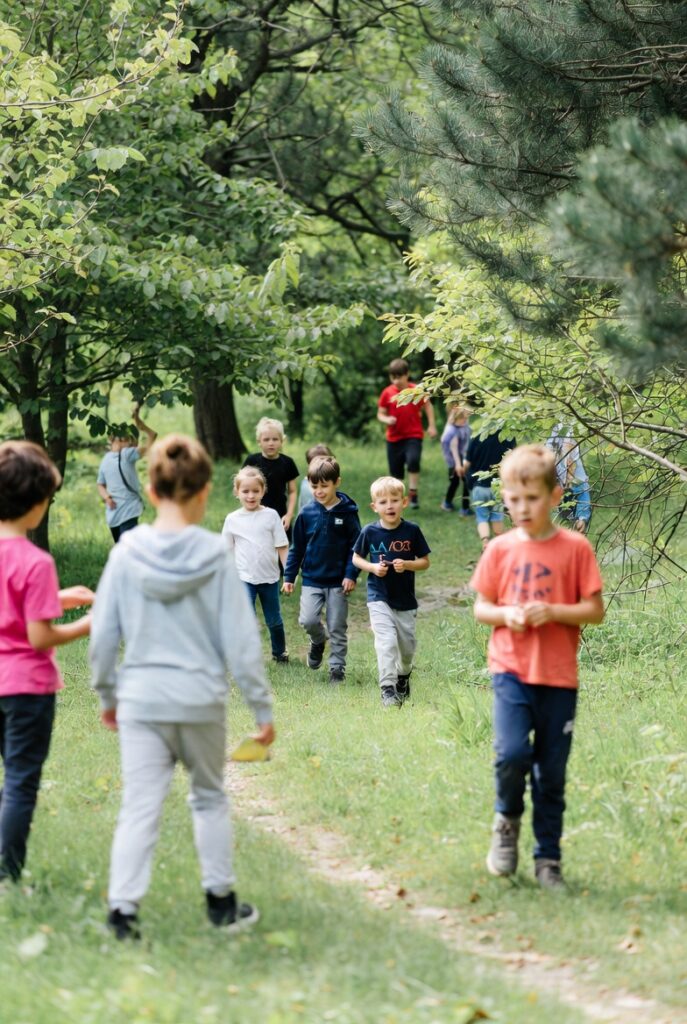 Group of children exploring a forest during a nature school activity, highlighting outdoor education