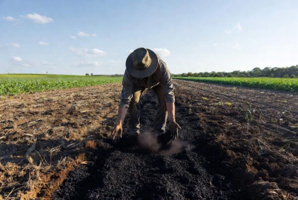 Farmer spreading biochar on soil to boost carbon sequestration and fertility for sustainable agriculture
