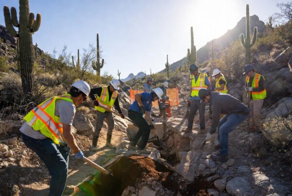 Trail maintenance and construction crew working on desert trail during peak summer 2026 protected by Conservation United insurance