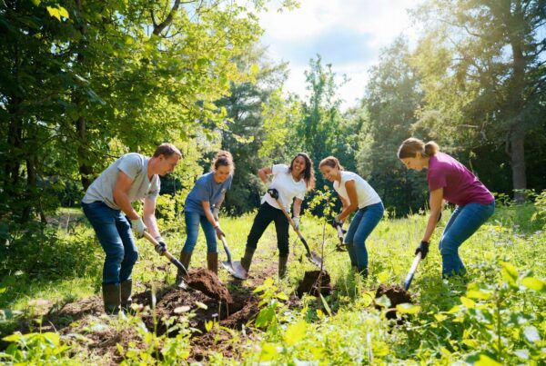 Friends Group volunteers working safely on park trail maintenance thanks to specialized insurance